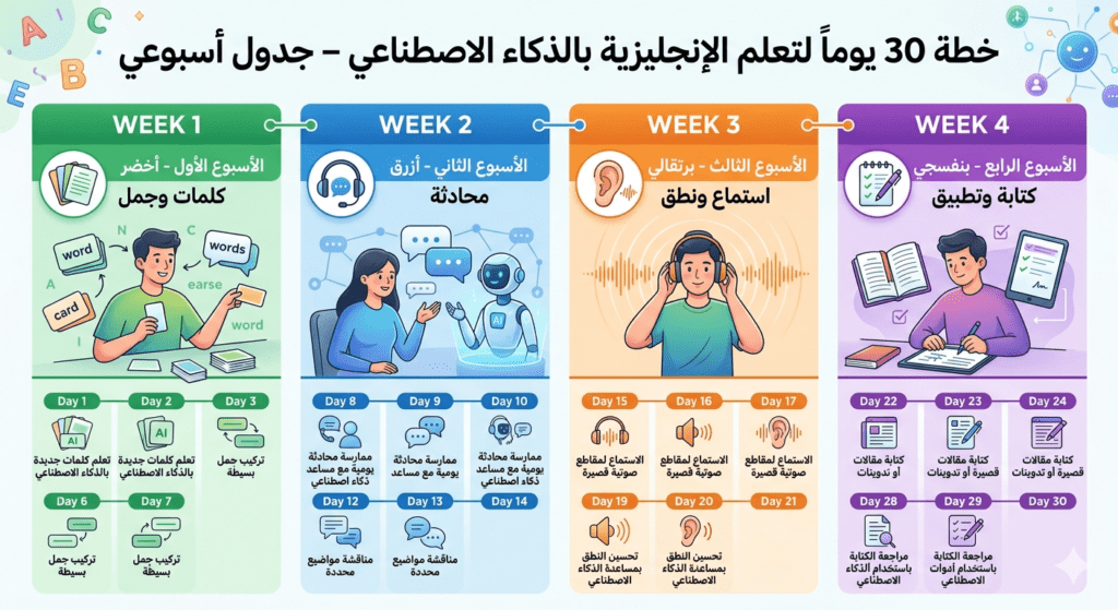 خطة ثلاثون يوما لتعلم اللغة الانجليزية بالذكاء الاصطناعي