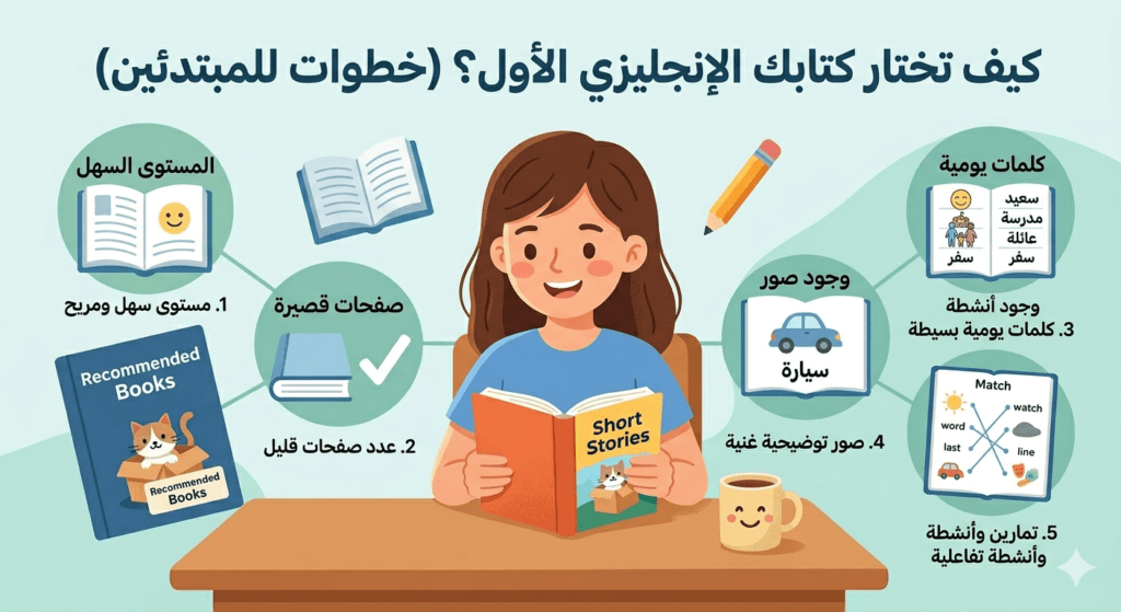 خطوات اختيار أفضل كتاب باللغة الإنجليزية للمبتدئين لتطوير القراءة والمفردات.