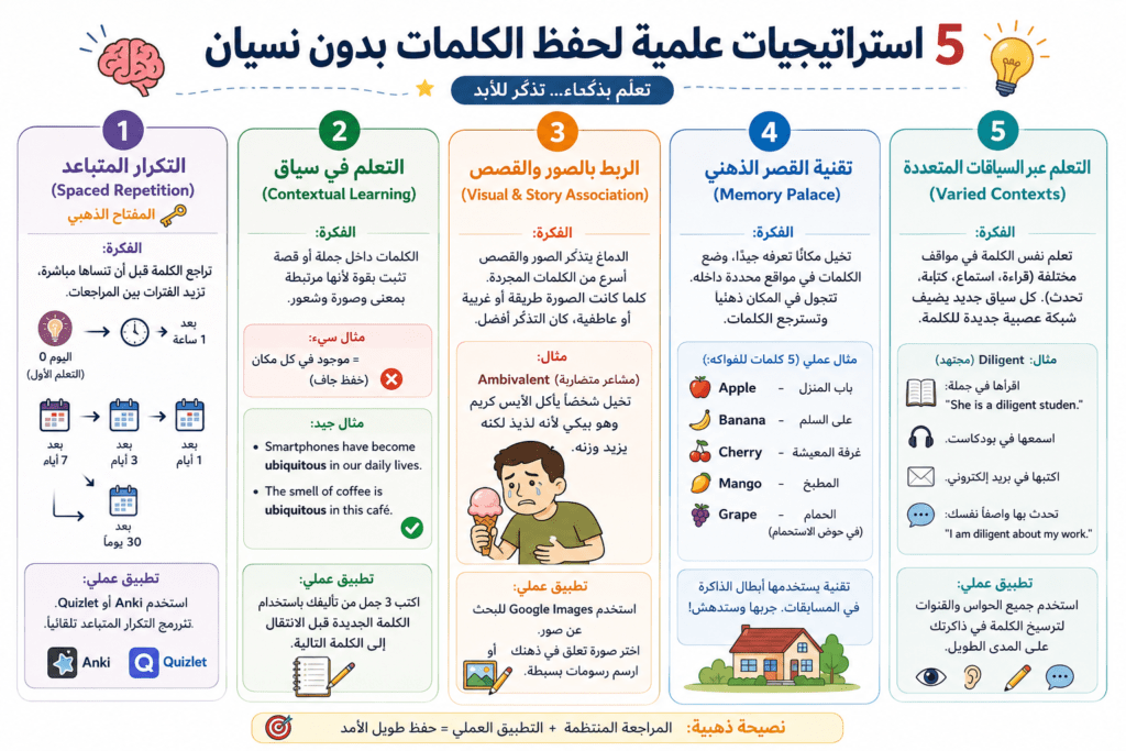 إنفوجرافيك تعليمي عربي ملون بعنوان “أقوى استراتيجيات علمية لحفظ الكلمات بدون نسيان”، يشرح 5 طرق فعالة لتثبيت مفردات اللغة الإنجليزية في الذاكرة.