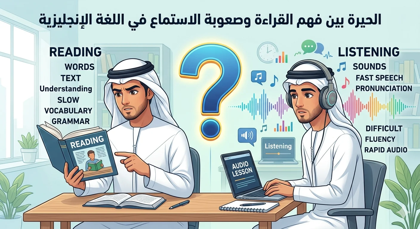 طالب يتعلم الإنجليزية ويفهم القراءة لكنه يواجه صعوبة في الاستماع بسبب سرعة الكلام وربط الكلمات في اللغة الإنجليزية.