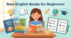 طالب يقرأ كتبًا باللغة الإنجليزية للمبتدئين لتعلم المفردات وتحسين مهارة القراءة باللغة الإنجليزية.