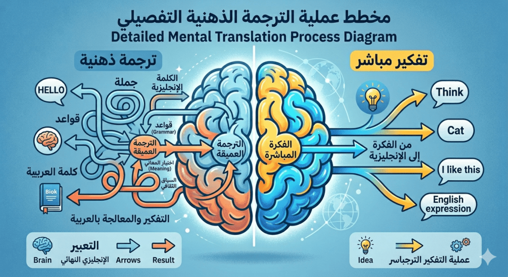 صورة تشرح الطريقة الصحيحة للتفكير بالانجليزي