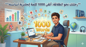 طالب يتعلم اللغة الإنجليزية باستخدام بطاقات المفردات مع عبارة 1000 English Words وخلفية تعليمية حديثة توضح تعلم الكلمات الإنجليزية بسرعة.