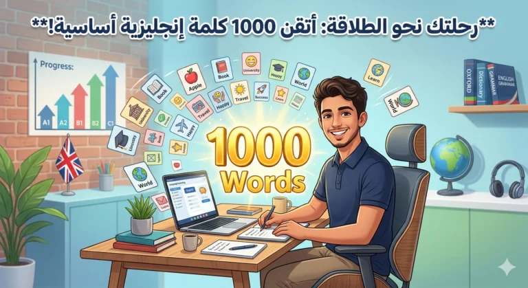 طالب يتعلم اللغة الإنجليزية باستخدام بطاقات المفردات مع عبارة 1000 English Words وخلفية تعليمية حديثة توضح تعلم الكلمات الإنجليزية بسرعة.