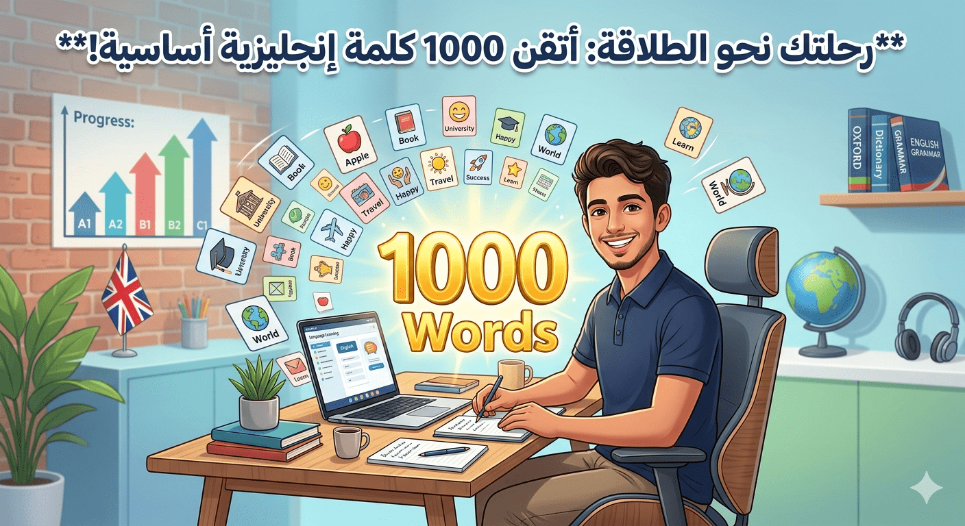 طالب يتعلم اللغة الإنجليزية باستخدام بطاقات المفردات مع عبارة 1000 English Words وخلفية تعليمية حديثة توضح تعلم الكلمات الإنجليزية بسرعة.
