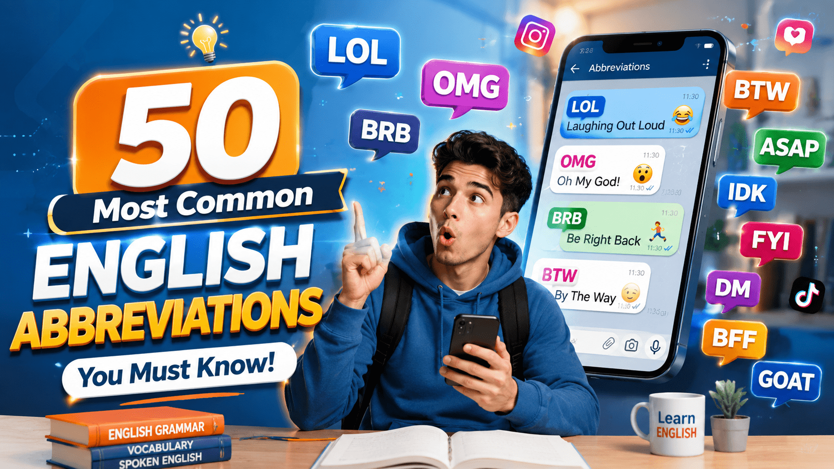 أشهر 200 اختصار إنجليزي مستخدم في المحادثات ووسائل التواصل الاجتماعي مع المعاني والأمثلة
