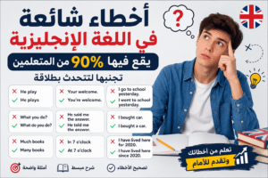 **Alt Text (وصف الصورة):** أخطاء شائعة في اللغة الإنجليزية يقع فيها 90% من المتعلمين. صورة تعليمية تظهر طالبًا يفكر أثناء تعلم الإنجليزية، مع أمثلة لأخطاء شائعة وتصحيحها مثل استخدام الأفعال والأزمنة وأدوات التعريف بشكل صحيح. تتضمن الصورة عبارات تصحيحية باللونين الأحمر والأخضر، وعنوانًا بارزًا عن تجنب أخطاء اللغة الإنجليزية للتحدث بطلاقة، مع رموز تعليمية وكتب وعلم المملكة المتحدة في خلفية احترافية مناسبة لمقال تعليمي عن تعلم اللغة الإنجليزية.