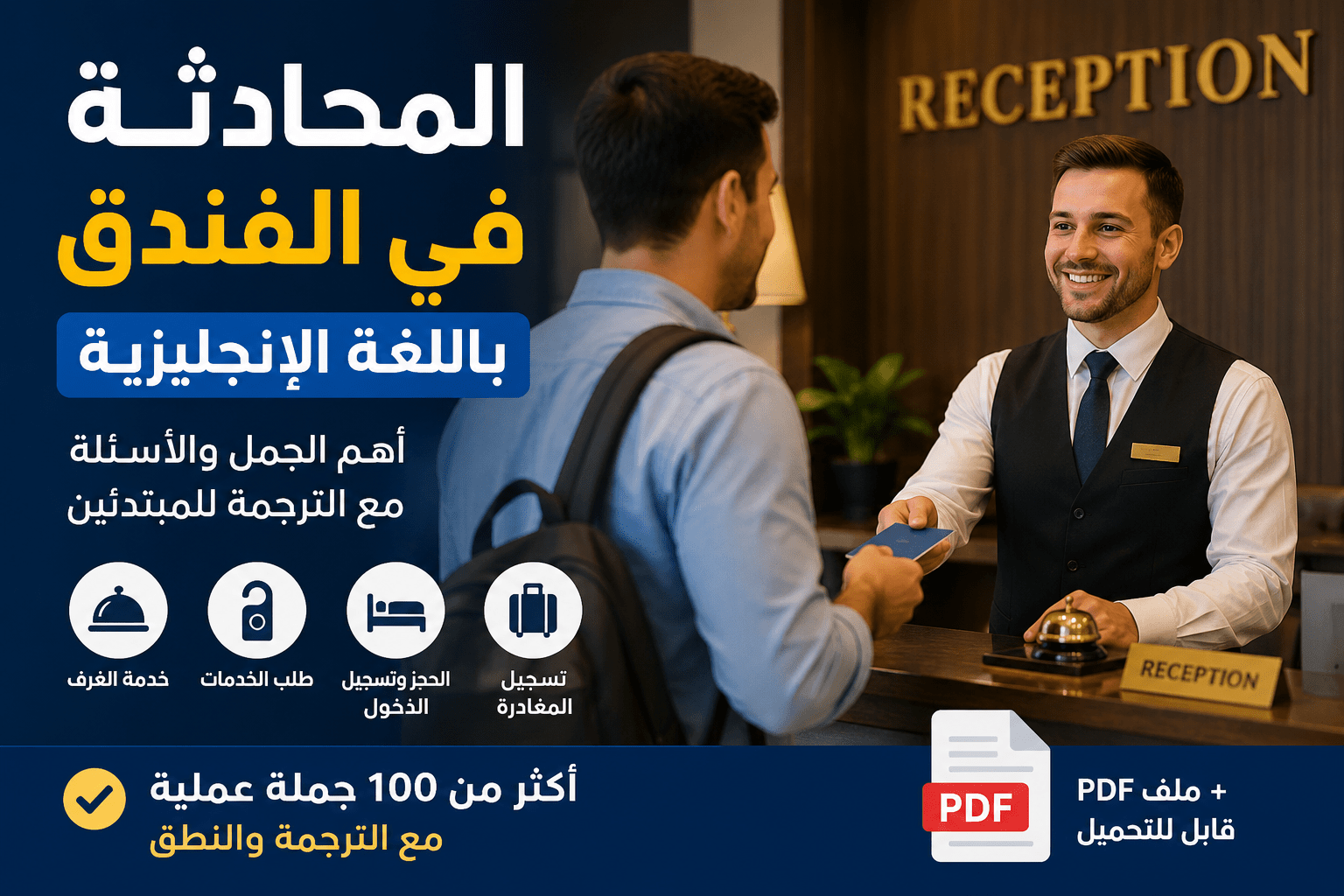 المحادثة باللغة الإنجليزية في الفندق مع أهم الجمل والأسئلة المستخدمة في الاستقبال والحجز وتسجيل الدخول والخروج مع الترجمة العربية للمبتدئين.