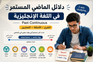إنفوجرافيك تعليمي عن دلائل الماضي المستمر في اللغة الإنجليزية (Past Continuous)، يتضمن عنوانًا رئيسيًا بارزًا باللغة العربية، وصيغة الزمن was/were + verb + ing مع شرح مبسط وأمثلة مترجمة. يظهر طالب يفكر أثناء الدراسة مع رموز تعليمية وساعة وخط زمني يوضح استخدام الماضي المستمر، بالإضافة إلى أهم دلالاته مثل: حدث مستمر في الماضي، حدثان في نفس الوقت، حدث طويل قطعه حدث قصير، ووصف مشهد أو خلفية. تصميم احترافي بألوان زرقاء وصفراء مناسب لمقال تعليمي عن قواعد اللغة الإنجليزية.