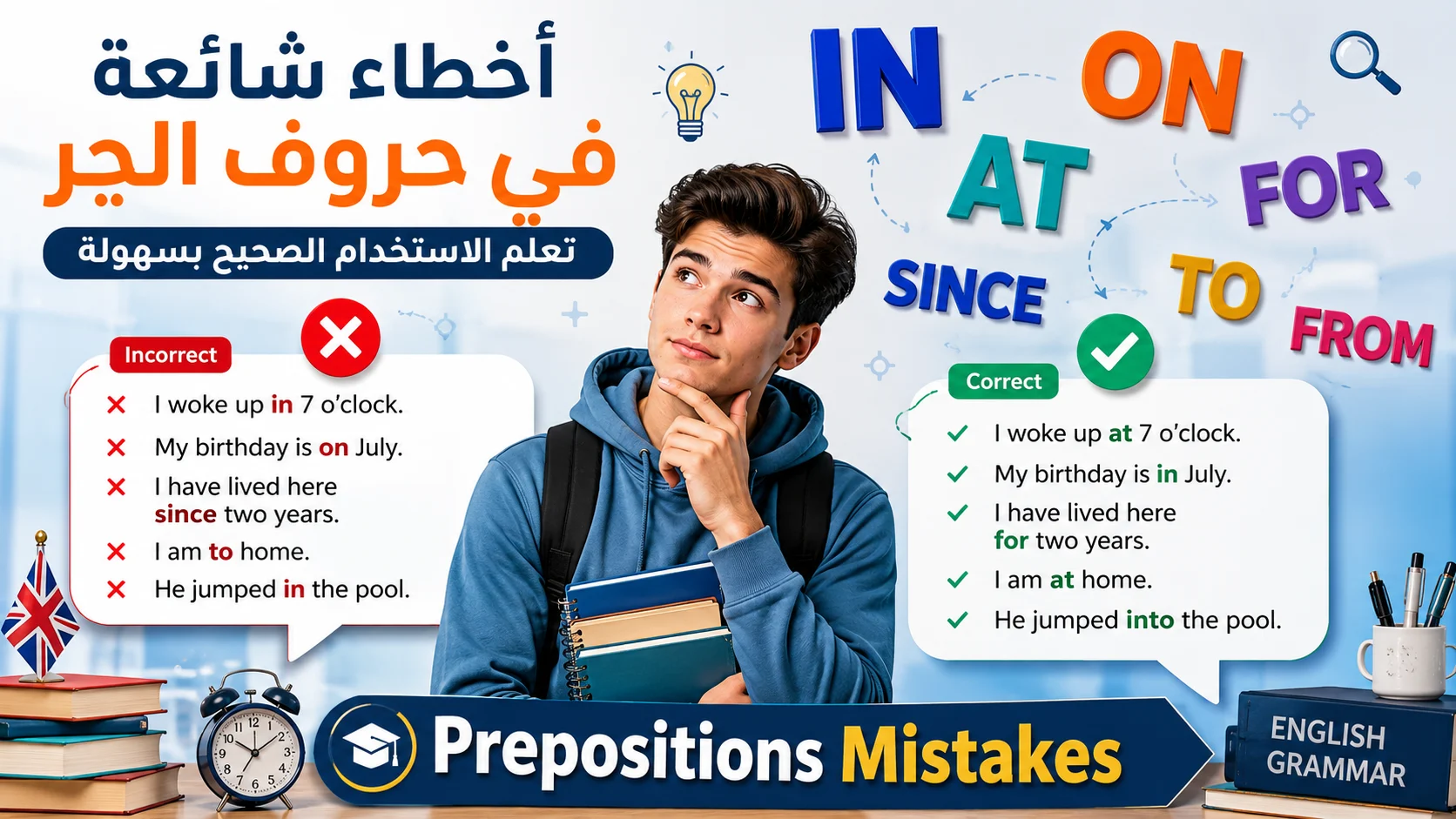 أخطاء شائعة في استخدام حروف الجر الإنجليزية مع أمثلة وتصحيحات تساعد المتعلمين على تحسين قواعد اللغة الإنجليزية واستخدام Prepositions بشكل صحيح.